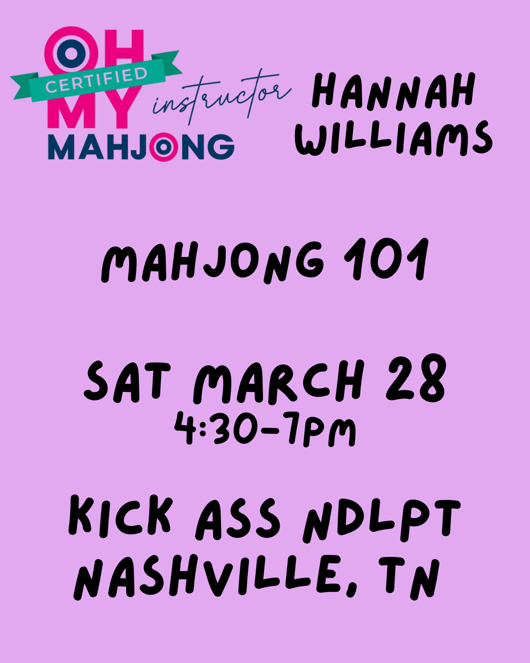 03/28 4:30pm Mahjong 101 Class NASHVILLE, TN