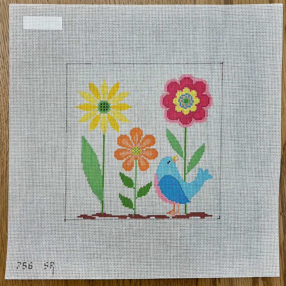 Flower Trio with Bird, 6" Square Canvas