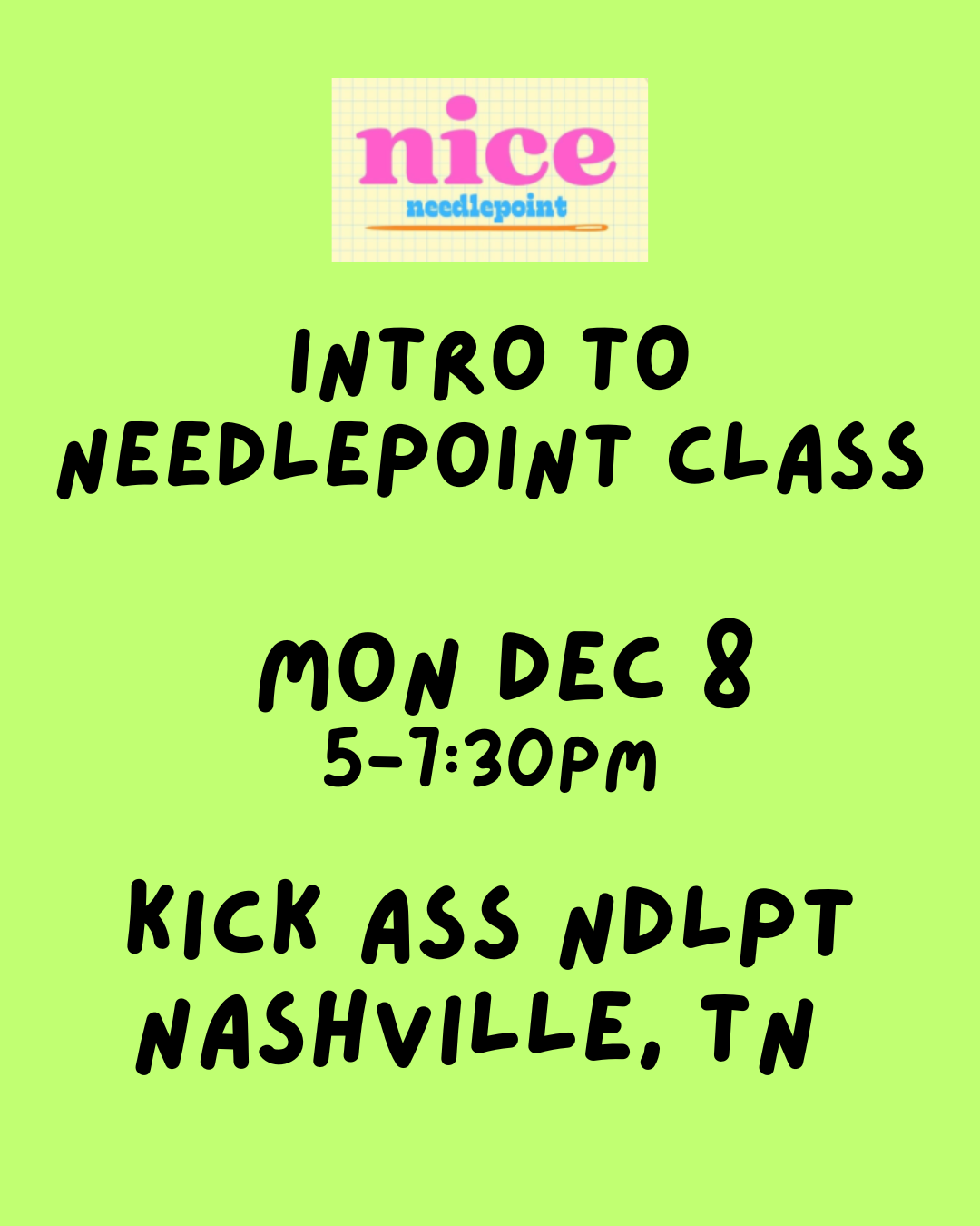 12/08 5pm Intro to Needlepoint Class NASHVILLE, TN