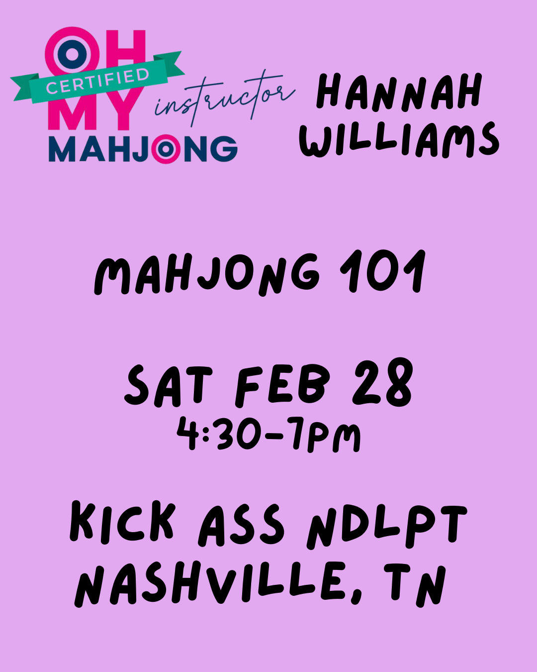 02/28 4:30pm Mahjong 101 Class NASHVILLE, TN