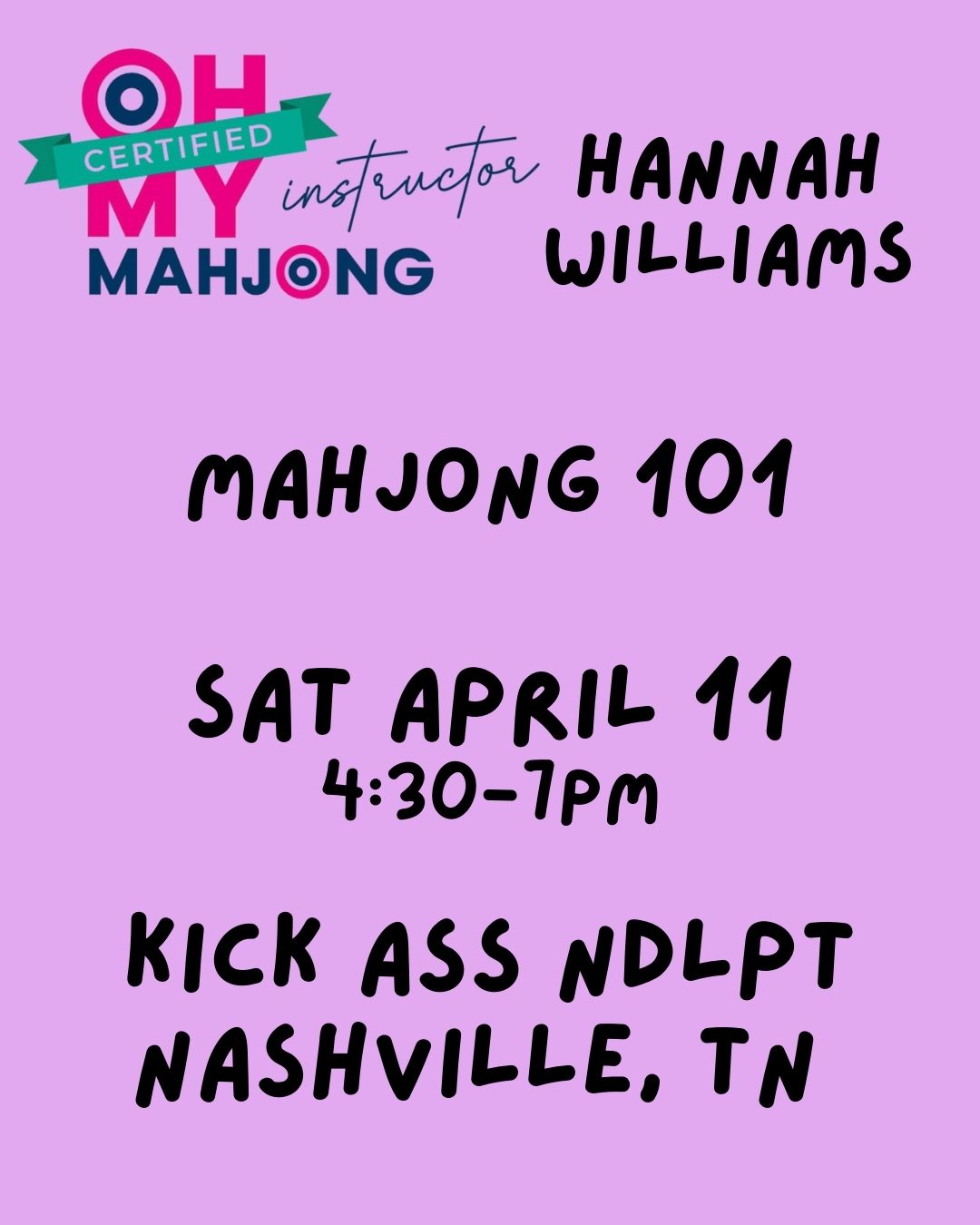 04/11 4:30pm Mahjong 101 Class NASHVILLE, TN