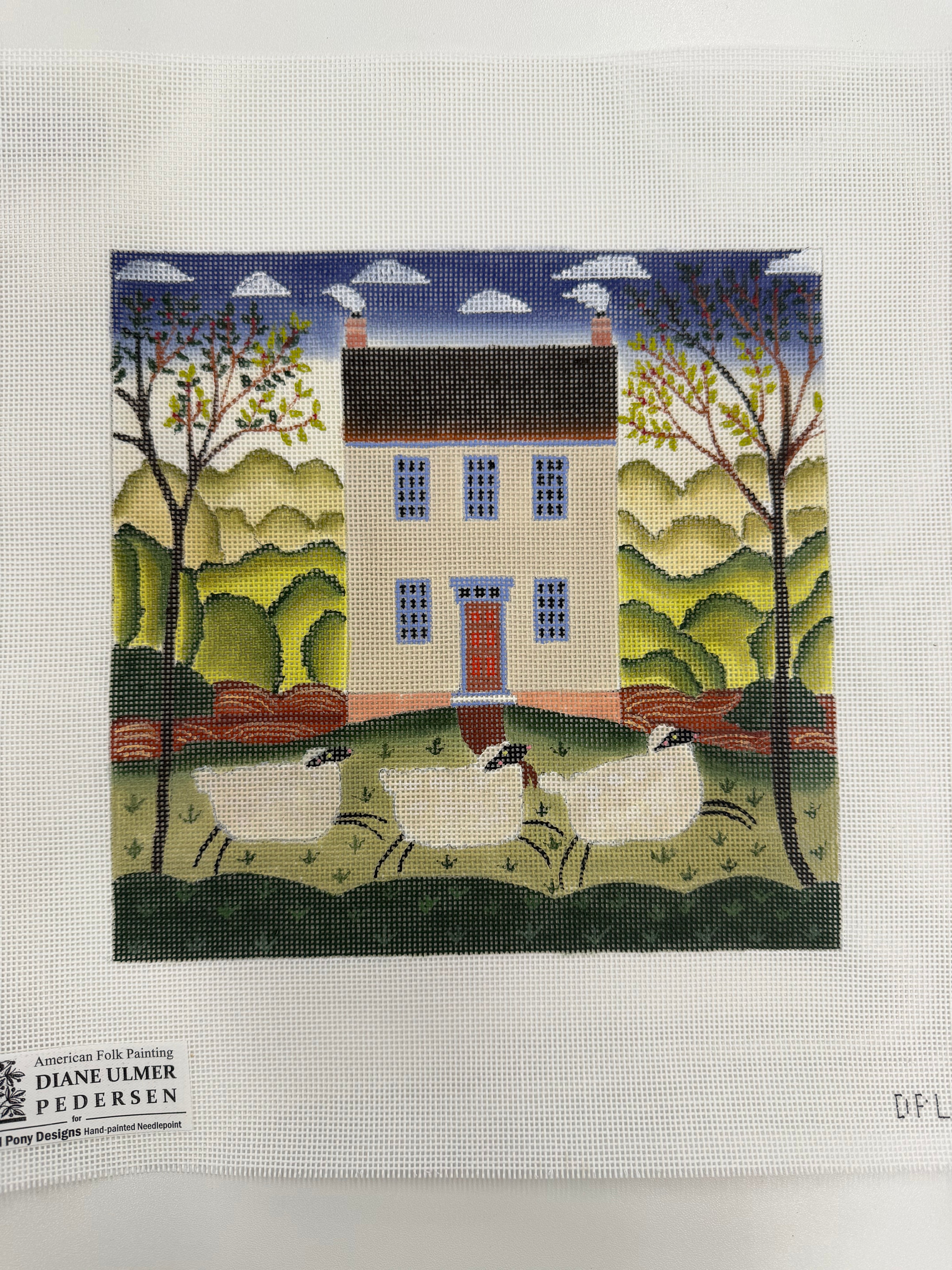 Three Sheep with a White House Canvas