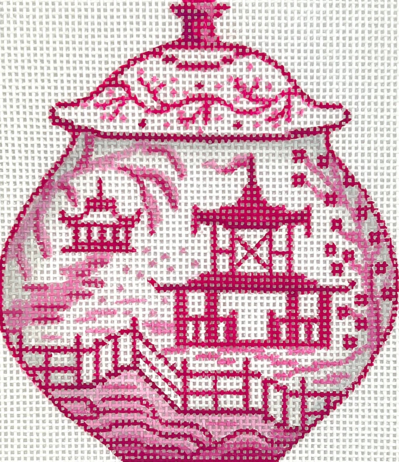 Mini Chinese Vase Medium Raspberry And White With Pagodas And Flowering Trees Needlepoint Canvas