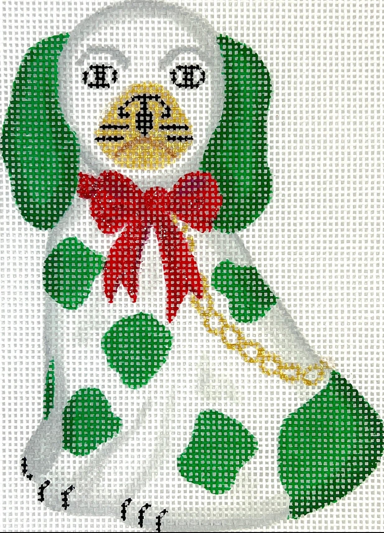 Staffordshire Dog - White & Green Chain & Sparkly Red Bow (Facing Left) Canvas