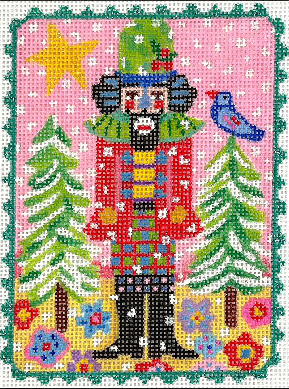 Nutcracker w/ Trees, Star & Bird on Pink Sky Canvas