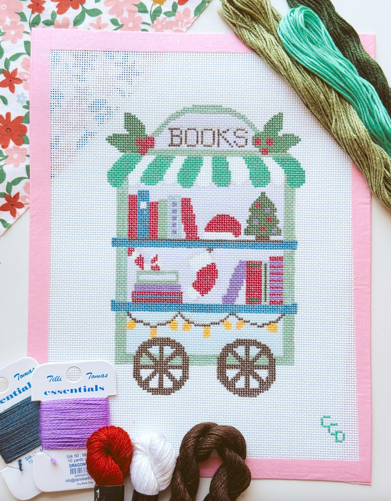 Christmas Book Trolley Cart Needlepoint Canvas