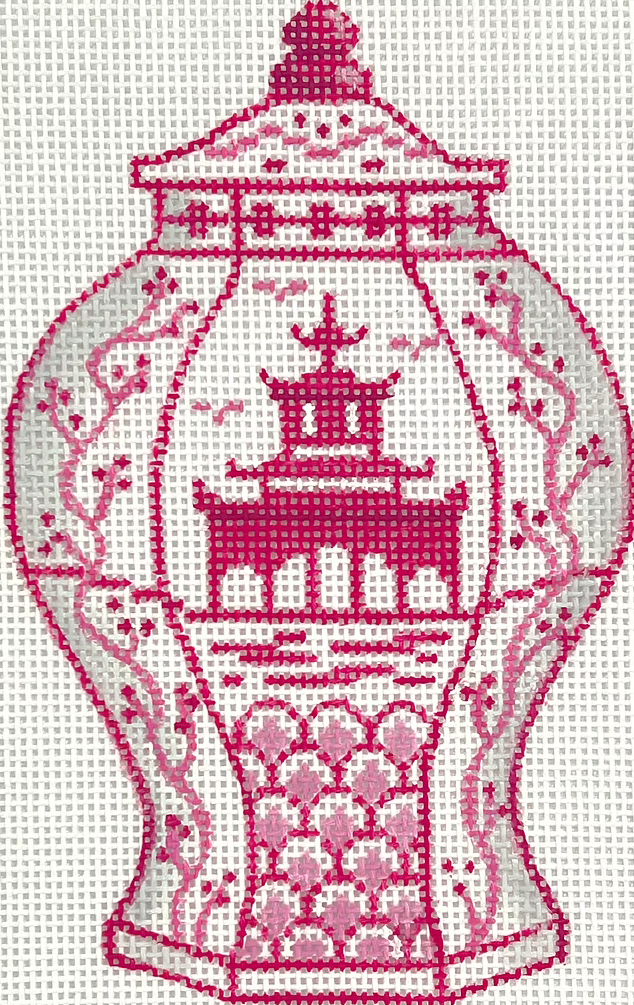Mini Chinese Vase – Tall Raspberry & White w/ Pagoda Canvas