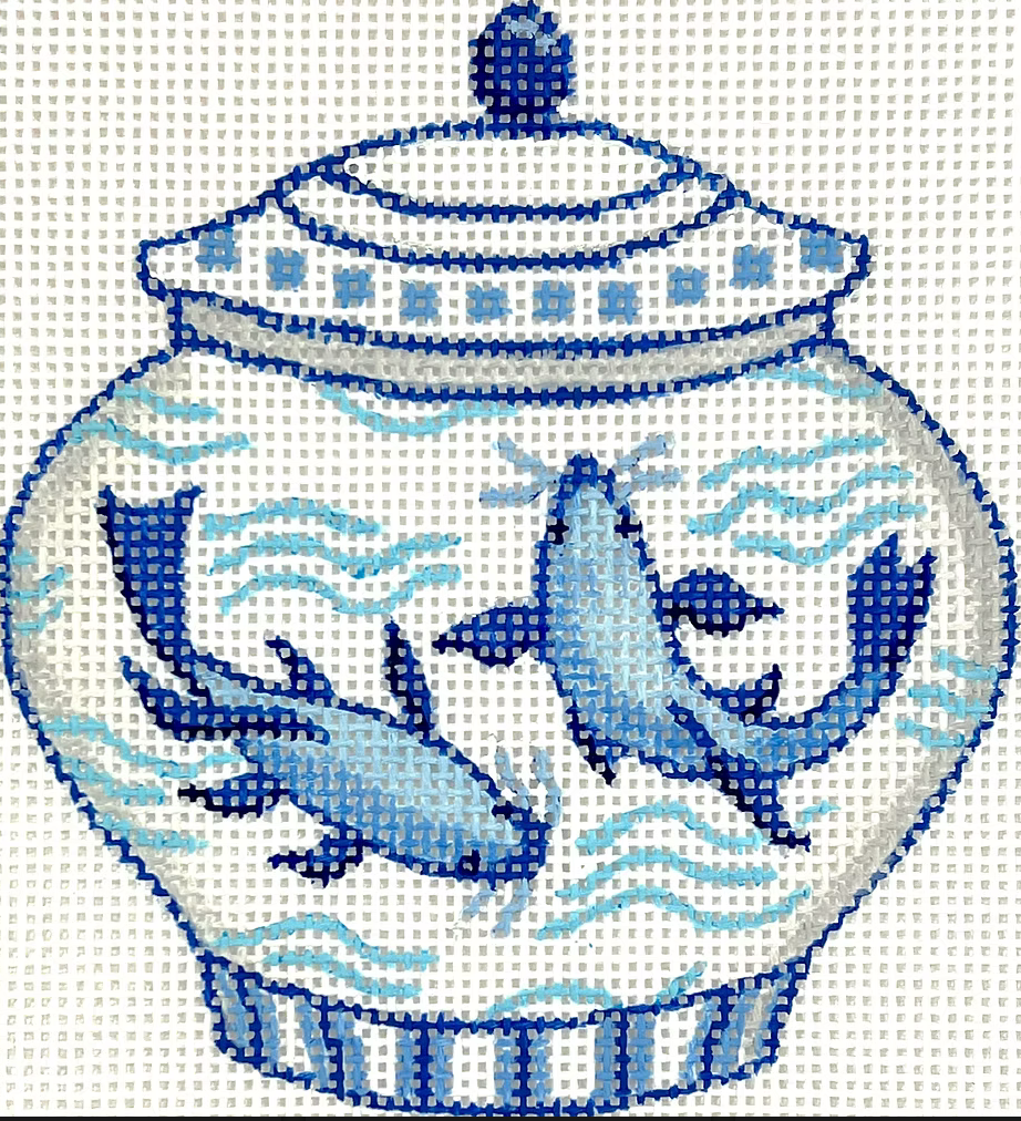Mini Chinese Vase - Short Blue & White w/ Koi Fish