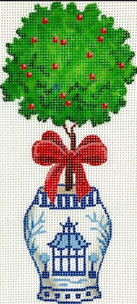 Blue + White Pagoda Topiary with Red Bow Canvas