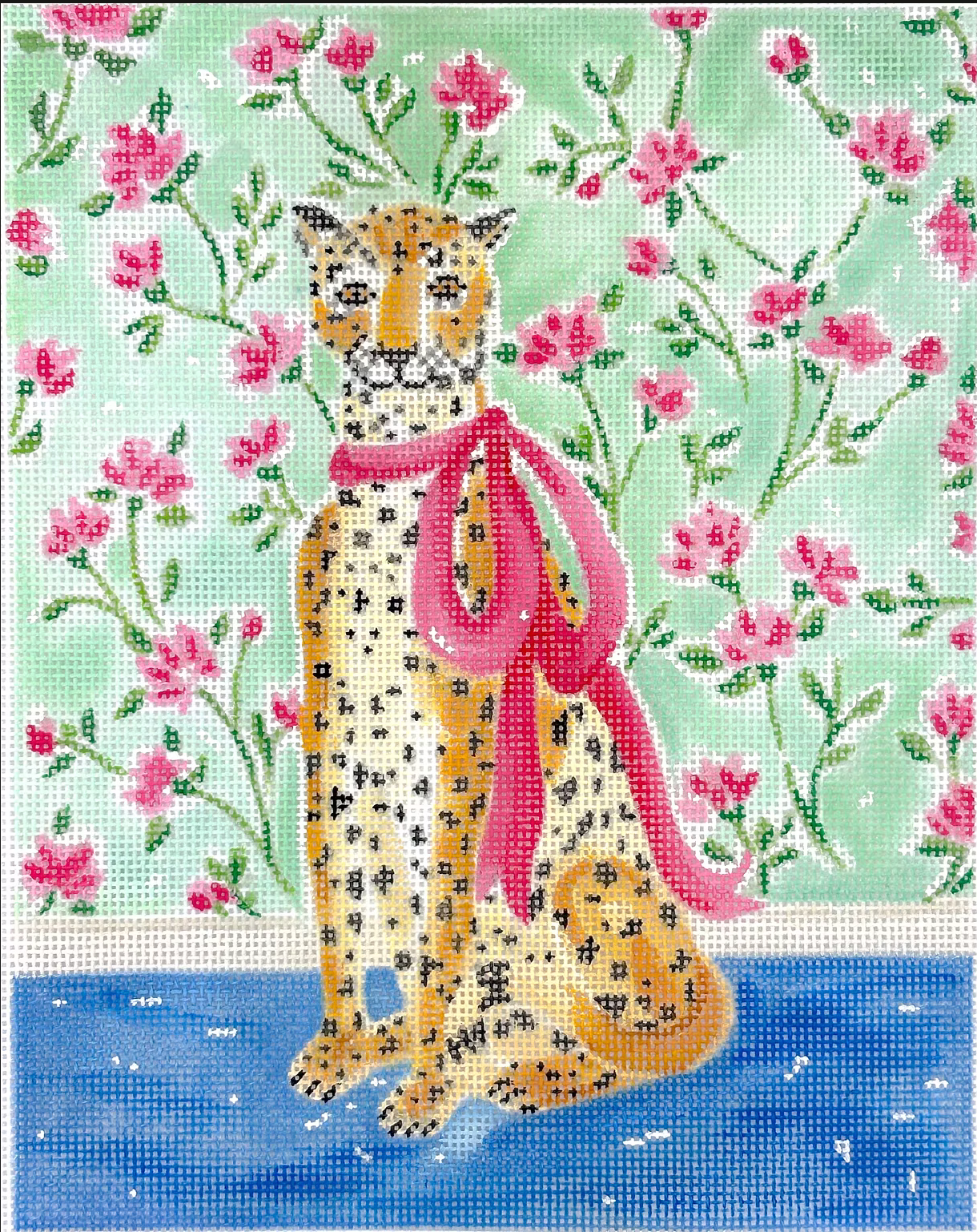 Stately Leopard with Pink Bow & Floral Wallpaper Canvas