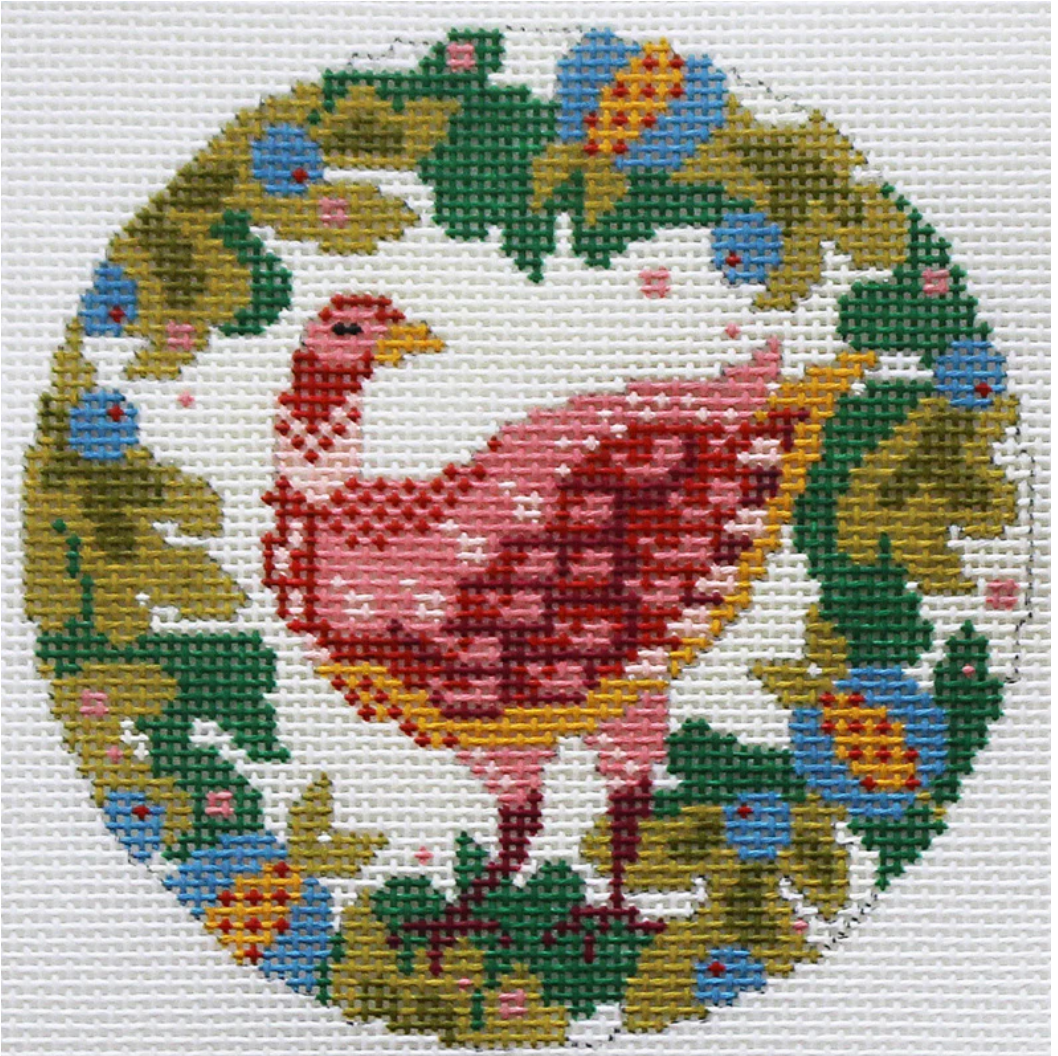 Partridge in Pear Tree - White Background - 4" Diam Canvas